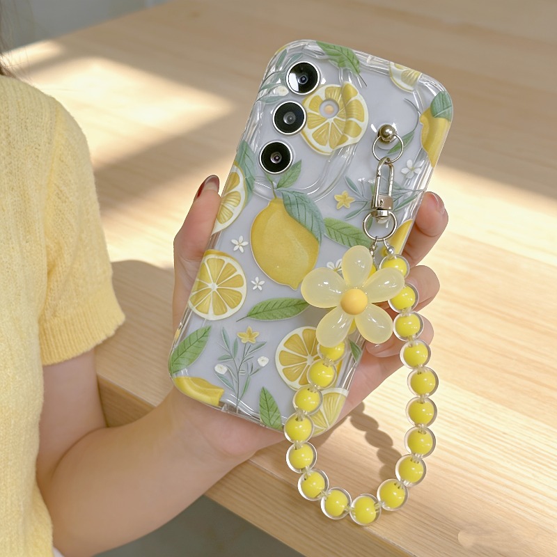 Home Decor Yellow - Sarı Limon Çiçeği Desenli Kordonlu Telefon