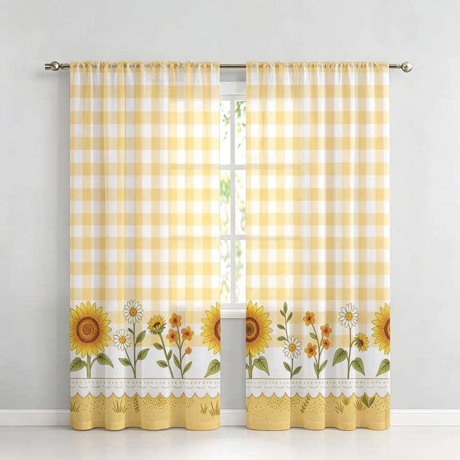 Home Decor Yellow - 2 Adet Dijital Baskı Şeffaf Perde,