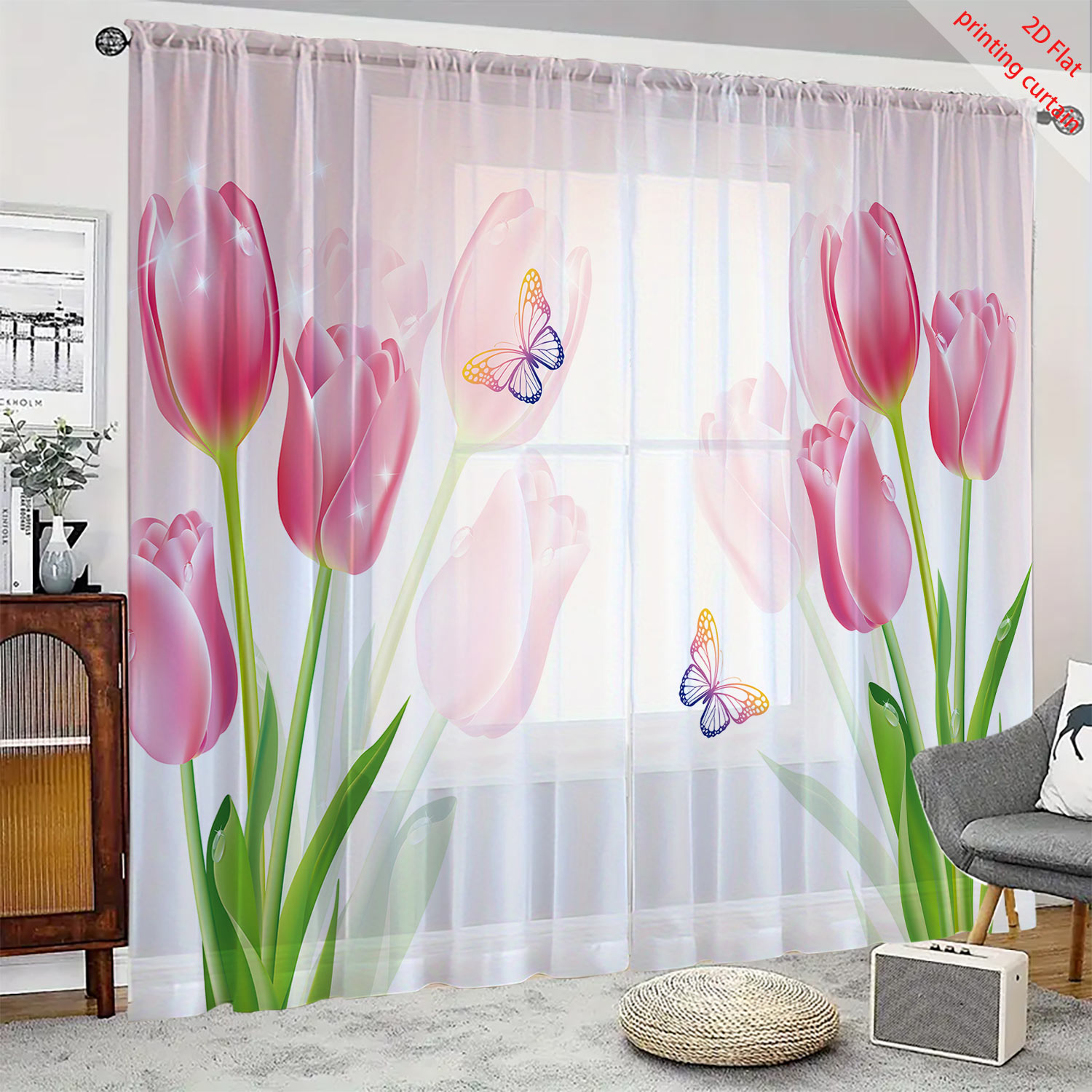 Home Decor Tulip - Pembe lale desenli şeffaf gazlı bez